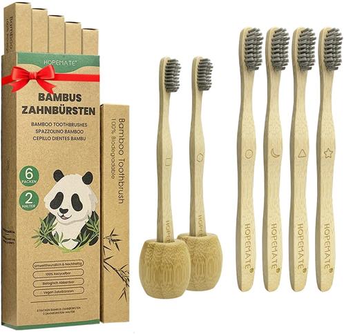 Paquete 6 Cepillos de dientes de bambú + 2 portacepillos